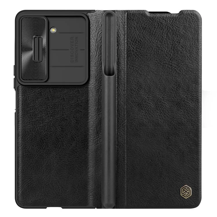 NILLKIN Qin Pro Series para Samsung Galaxy Z Fold5 5G Funda de piel sintética Slide Camera Protection Phone Cover con ranura para bolígrafo - Negro
