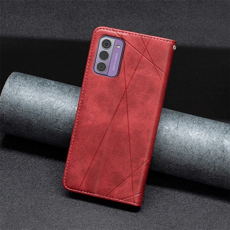 Étui de téléphone en cuir avec support pour Nokia G42 avec motif de ligne imprimé - Étui pour téléphone portable avec fentes pour cartes - Rouge