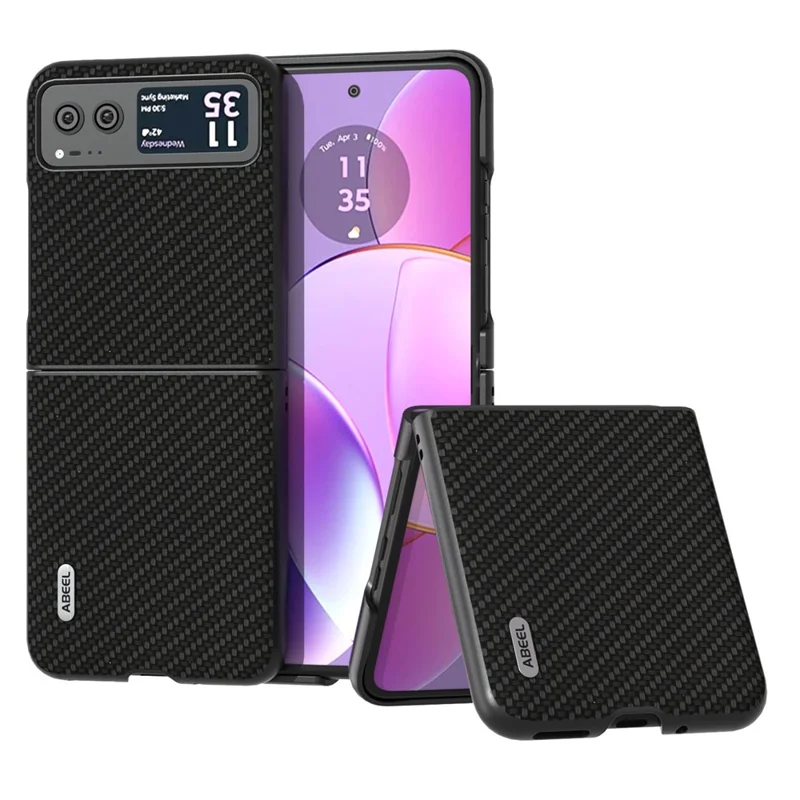 ABEEL Phone Case for Motorola Razr 40 5G Carbon Fiber Texture PU Leather Coated PC Cover - Black