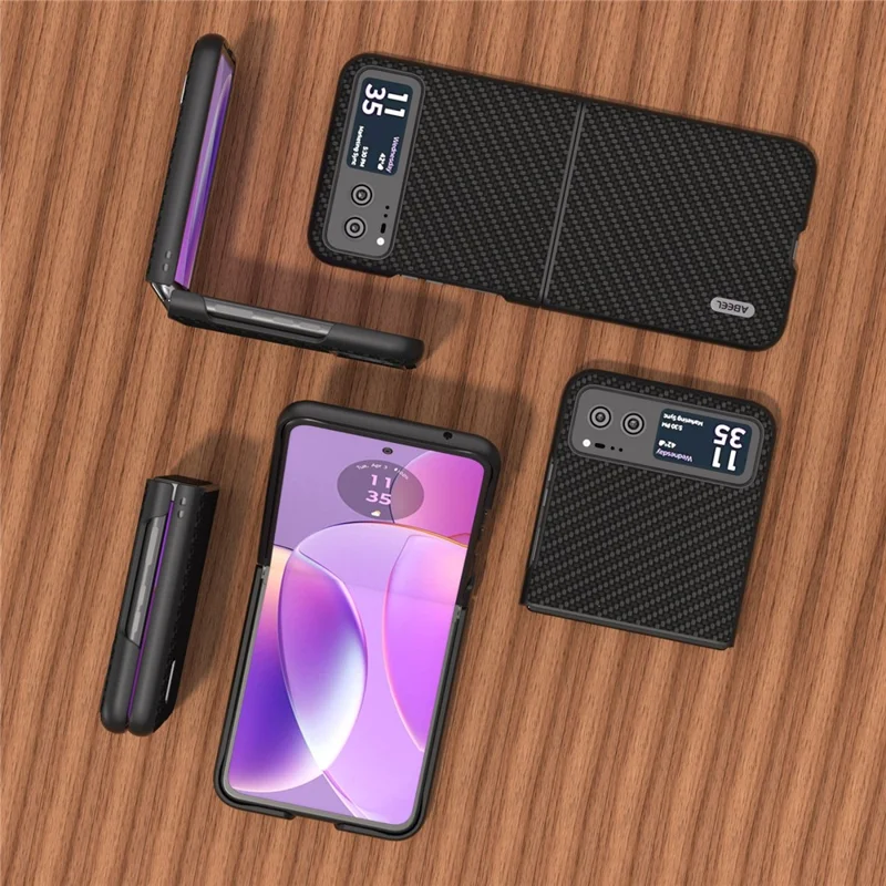 ABEEL Phone Case for Motorola Razr 40 5G Carbon Fiber Texture PU Leather Coated PC Cover - Black