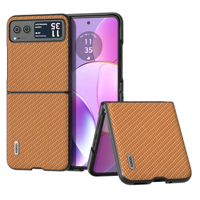 ABEEL Phone Case for Motorola Razr 40 5G Carbon Fiber Texture PU Leather Coated PC Cover - Light Brown