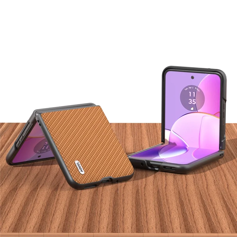 ABEEL Phone Case for Motorola Razr 40 5G Carbon Fiber Texture PU Leather Coated PC Cover - Light Brown
