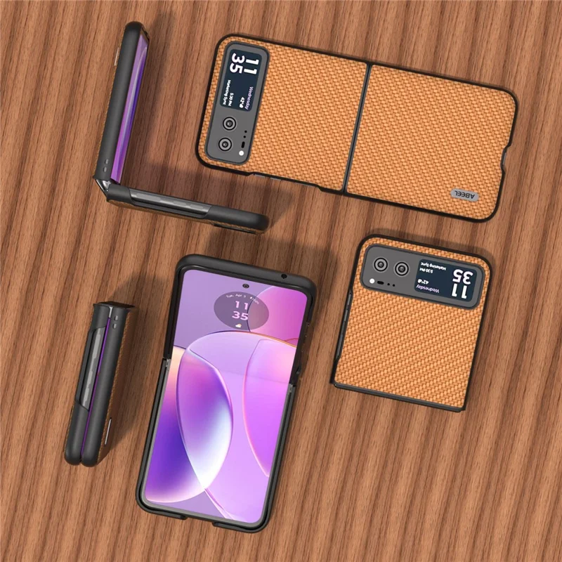ABEEL Phone Case for Motorola Razr 40 5G Carbon Fiber Texture PU Leather Coated PC Cover - Light Brown