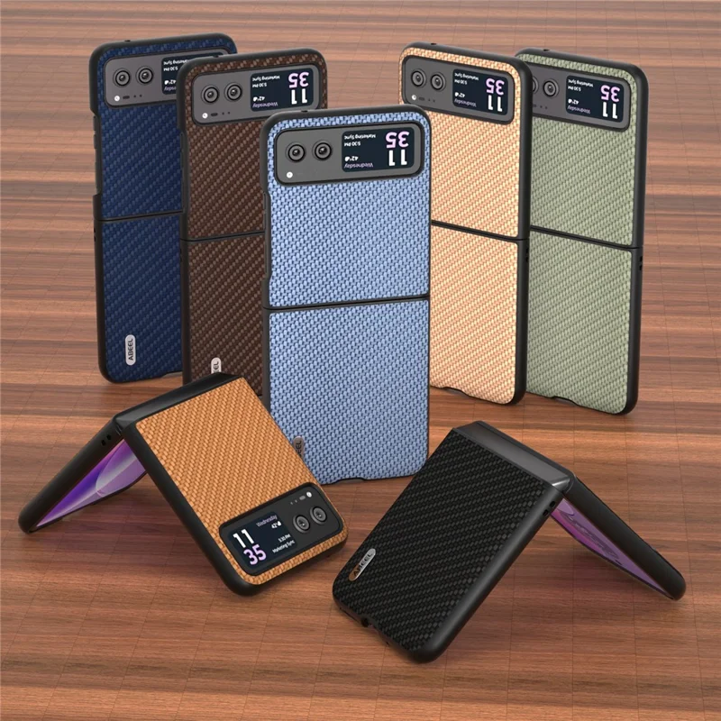 ABEEL Phone Case for Motorola Razr 40 5G Carbon Fiber Texture PU Leather Coated PC Cover - Light Brown