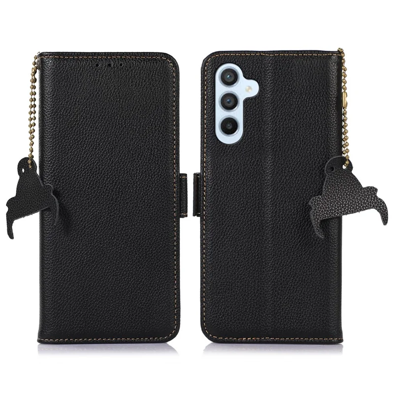 For Samsung Galaxy S23 FE RFID Blocking Phone Case Genuine Cow Leather Stand Wallet Litchi Texture Cover - Black