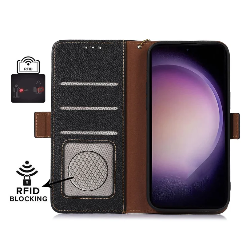 For Samsung Galaxy S23 FE RFID Blocking Phone Case Genuine Cow Leather Stand Wallet Litchi Texture Cover - Black