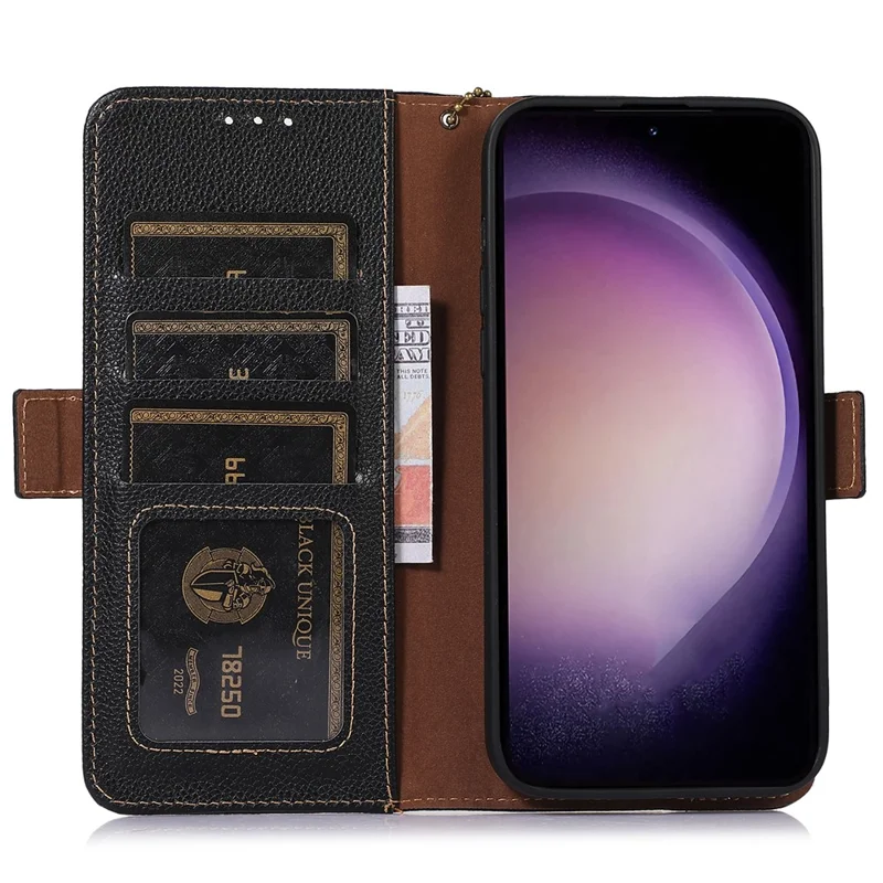For Samsung Galaxy S23 FE RFID Blocking Phone Case Genuine Cow Leather Stand Wallet Litchi Texture Cover - Black