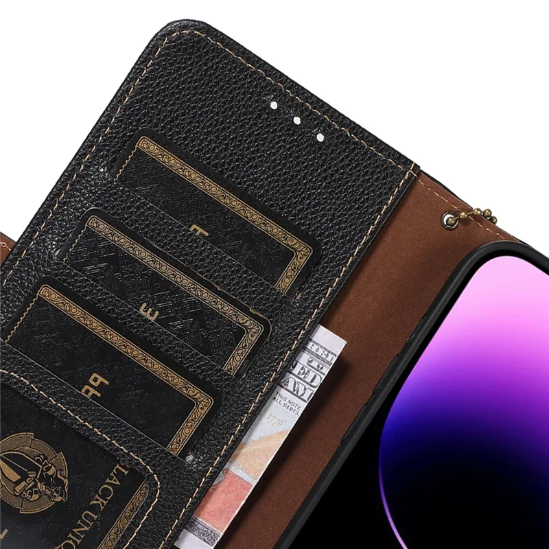 For Samsung Galaxy S23 FE RFID Blocking Phone Case Genuine Cow Leather Stand Wallet Litchi Texture Cover - Black