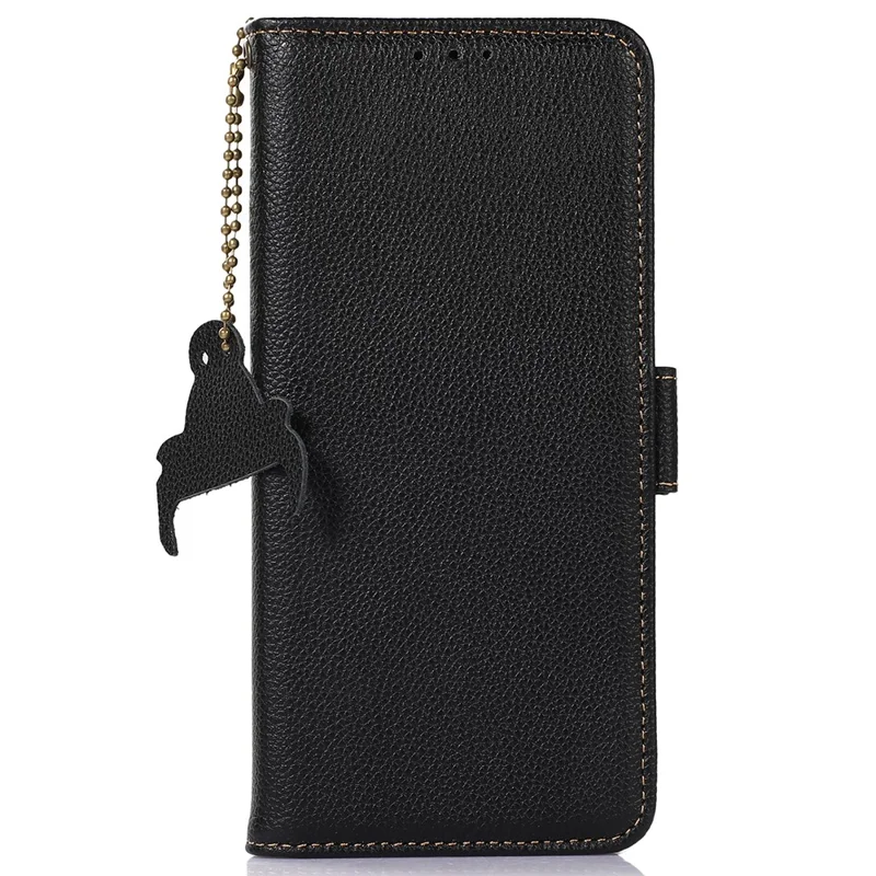 For Samsung Galaxy S23 FE RFID Blocking Phone Case Genuine Cow Leather Stand Wallet Litchi Texture Cover - Black