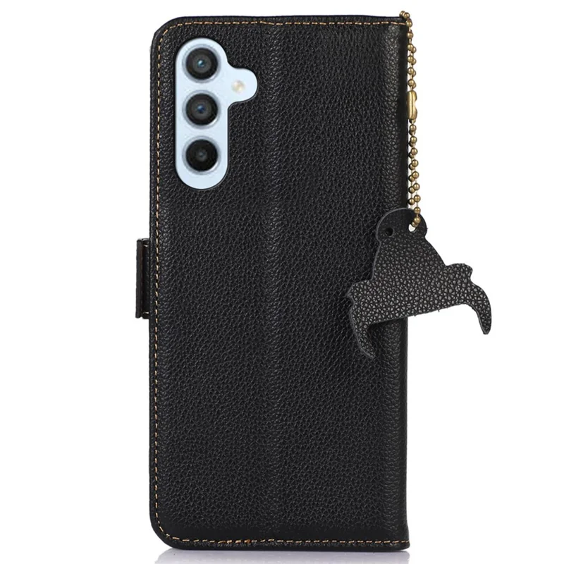 For Samsung Galaxy S23 FE RFID Blocking Phone Case Genuine Cow Leather Stand Wallet Litchi Texture Cover - Black