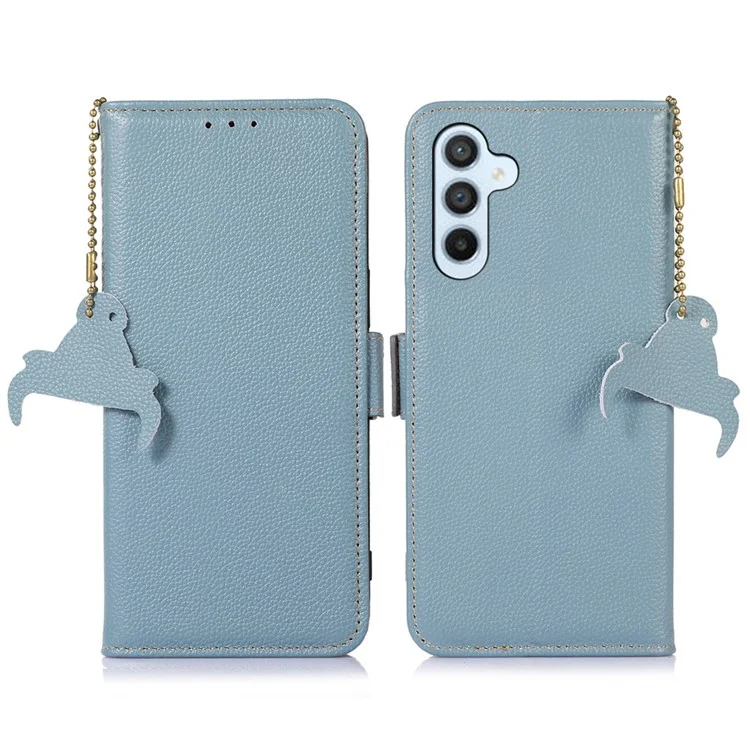 Per Samsung Galaxy S23 FE RFID Blocking Phone Case Genuine Cow Leather Stand Wallet Litchi Texture Cover - Blue