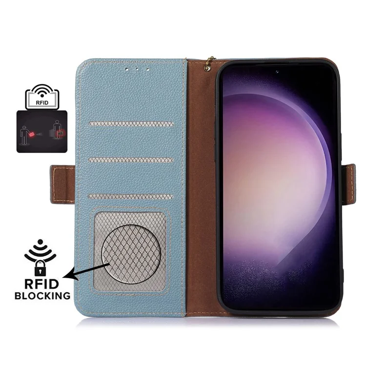 Per Samsung Galaxy S23 FE RFID Blocking Phone Case Genuine Cow Leather Stand Wallet Litchi Texture Cover - Blue