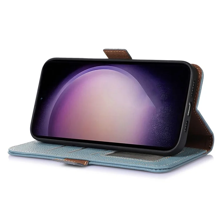 Per Samsung Galaxy S23 FE RFID Blocking Phone Case Genuine Cow Leather Stand Wallet Litchi Texture Cover - Blue