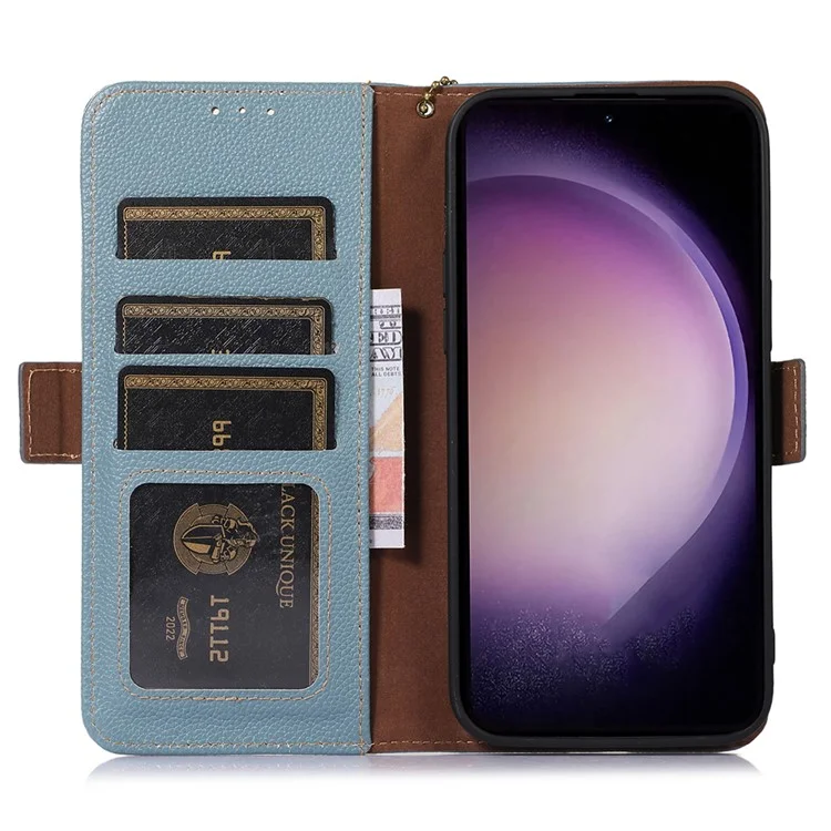Per Samsung Galaxy S23 FE RFID Blocking Phone Case Genuine Cow Leather Stand Wallet Litchi Texture Cover - Blue
