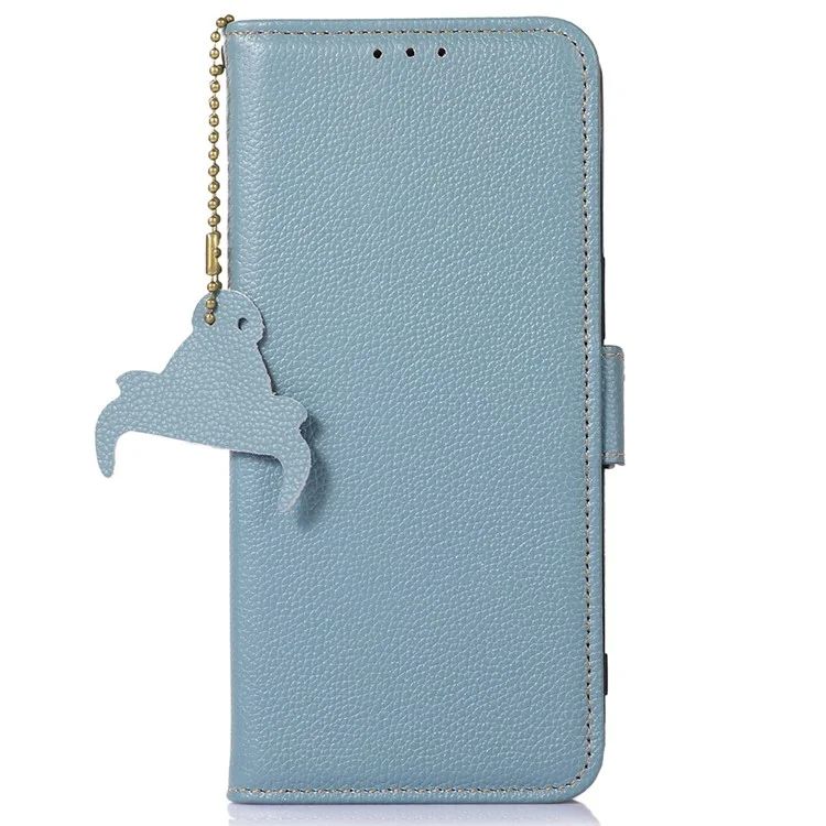 Per Samsung Galaxy S23 FE RFID Blocking Phone Case Genuine Cow Leather Stand Wallet Litchi Texture Cover - Blue