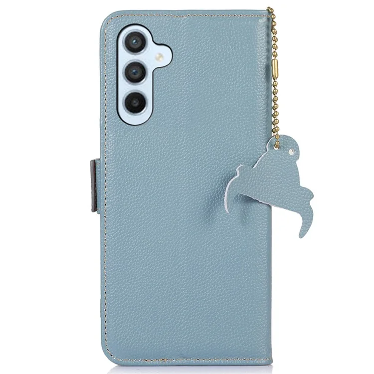 Per Samsung Galaxy S23 FE RFID Blocking Phone Case Genuine Cow Leather Stand Wallet Litchi Texture Cover - Blue
