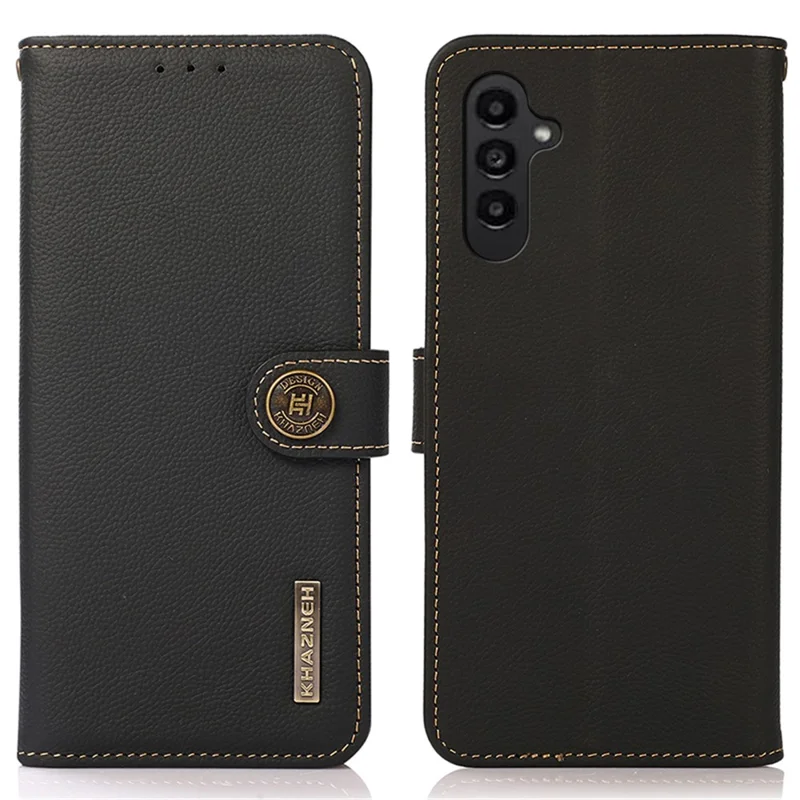 KHAZNEH For Samsung Galaxy S23 FE RFID Blocking Phone Case Genuine Cow Leather Stand Wallet Cover - Black