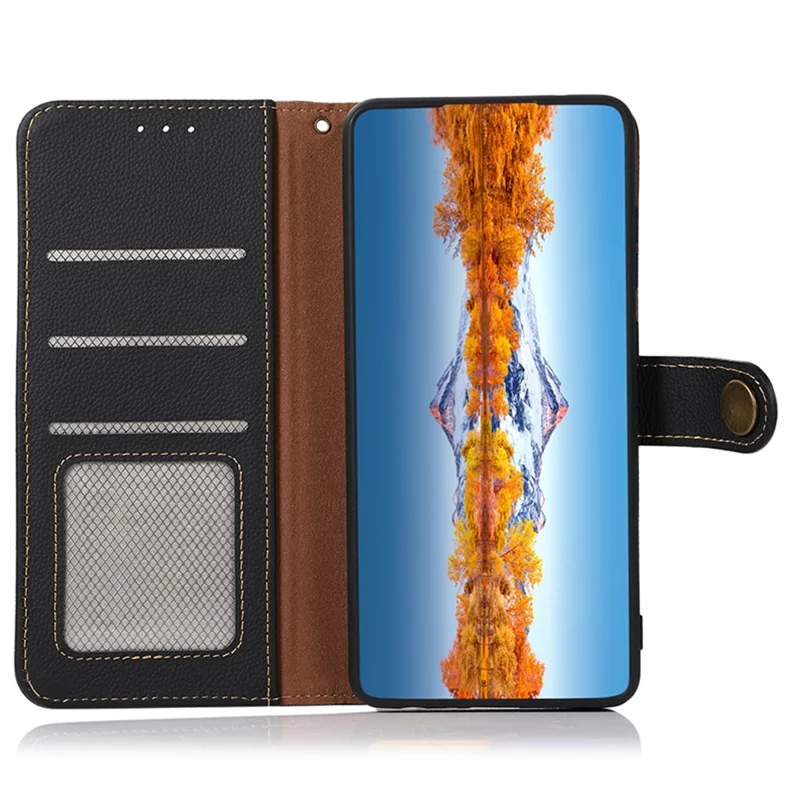 KHAZNEH For Samsung Galaxy S23 FE RFID Blocking Phone Case Genuine Cow Leather Stand Wallet Cover - Black