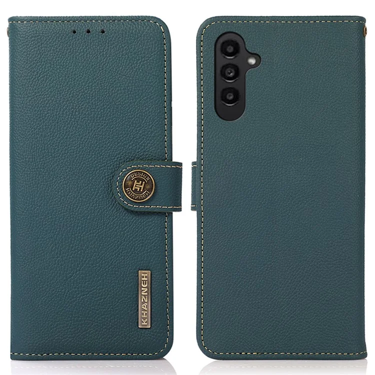 KHAZNEH для Samsung Galaxy S23 FE RFID Blocking Phone Case Genuine Cow Leather Stand Wallet Cover - Зеленый