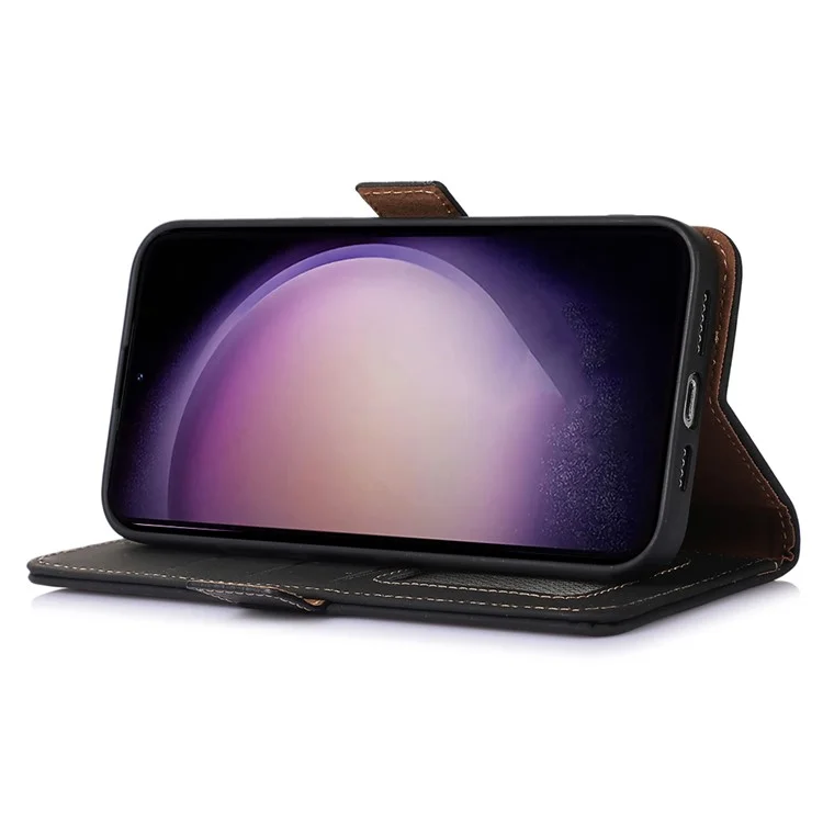Para Samsung Galaxy S23 FE RFID Blocking Wallet Case Silky Feeling Genuine Cow Leather Stand Phone Cover - Preto