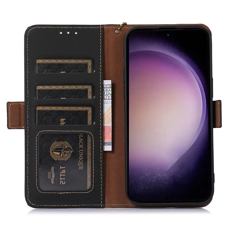 Para Samsung Galaxy S23 FE RFID Blocking Wallet Case Silky Feeling Genuine Cow Leather Stand Phone Cover - Preto