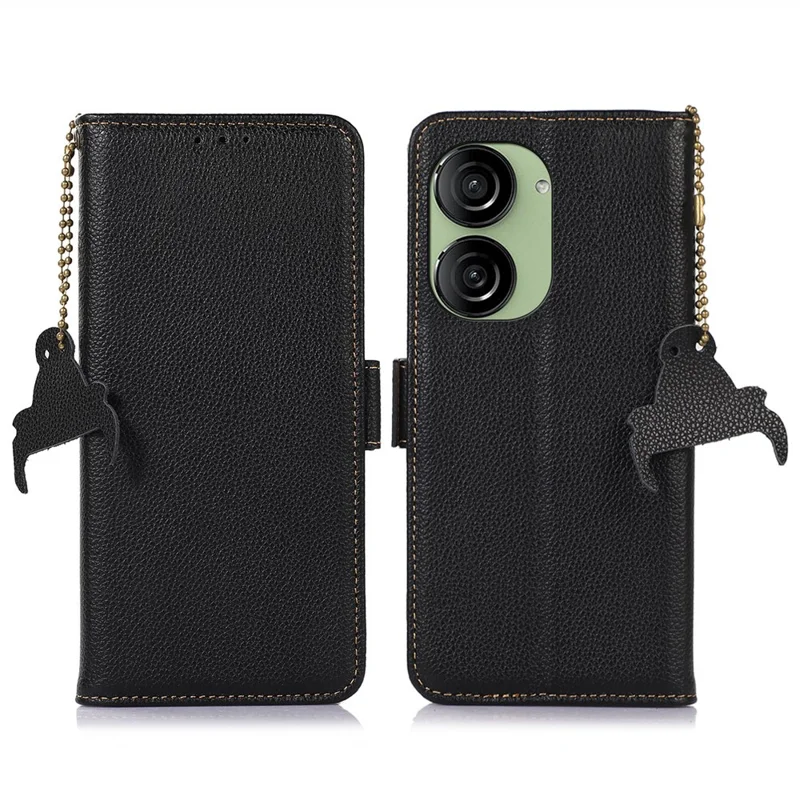 Per Asus Zenfone 10 5G RFID Blocking Genuine Cow Leather Phone Case Litchi Texture Stand Wallet Cover - Nero