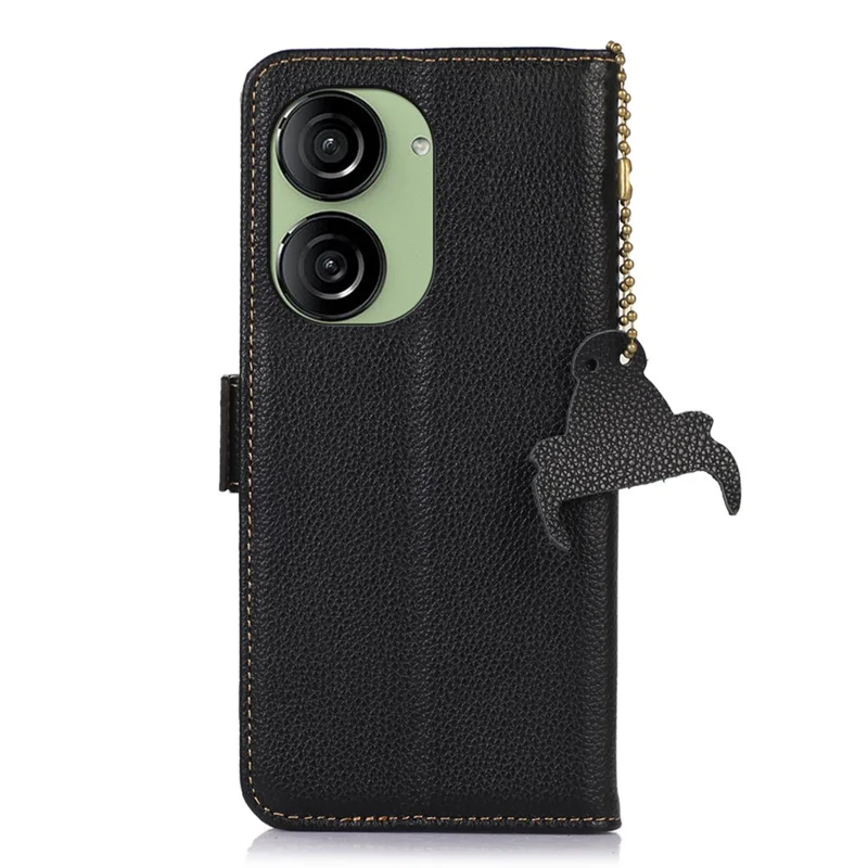 Per Asus Zenfone 10 5G RFID Blocking Genuine Cow Leather Phone Case Litchi Texture Stand Wallet Cover - Nero