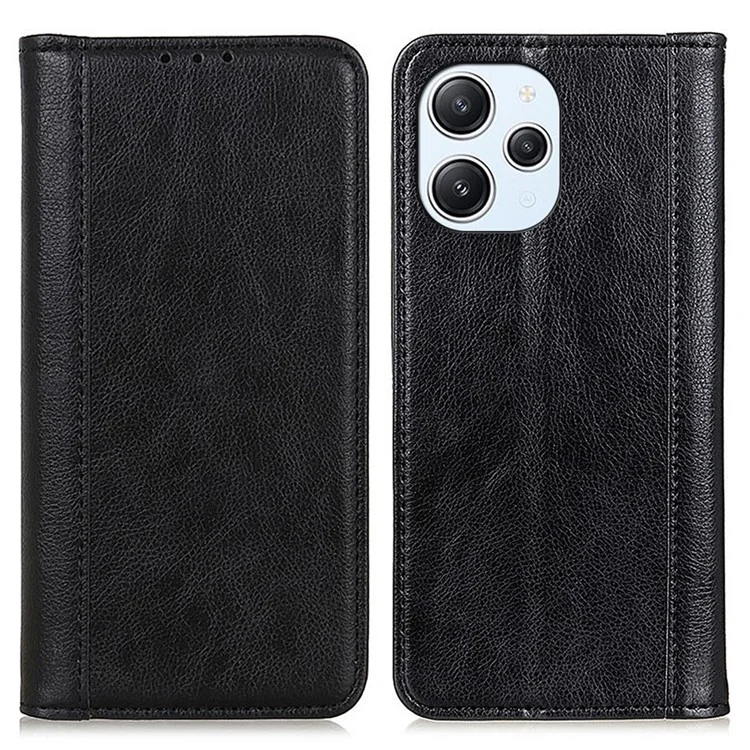 Pour Xiaomi Redmi 12 4G Split Leather Anti-drop Cover Litchi Texture Wallet Stand Phone Case - Black