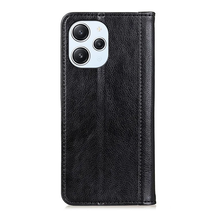 Pour Xiaomi Redmi 12 4G Split Leather Anti-drop Cover Litchi Texture Wallet Stand Phone Case - Black