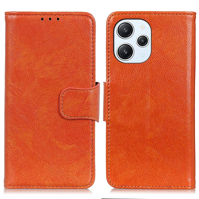 Para Xiaomi Redmi 12 4G Nappa Texture Phone Case Split Leather Wallet Stand Anti-fall Cover - Orange