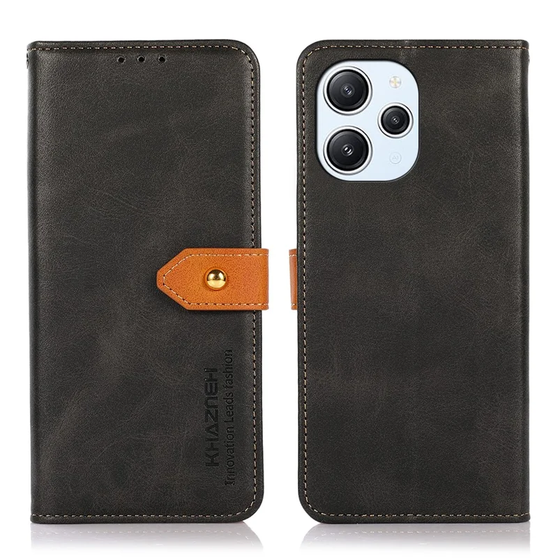 KHAZNEH لجهاز Xiaomi Redmi 12 4G غطاء جلد PU بنسيج جلد البقر نمط المحفظة مع حامل مضاد للسقوط - أسود