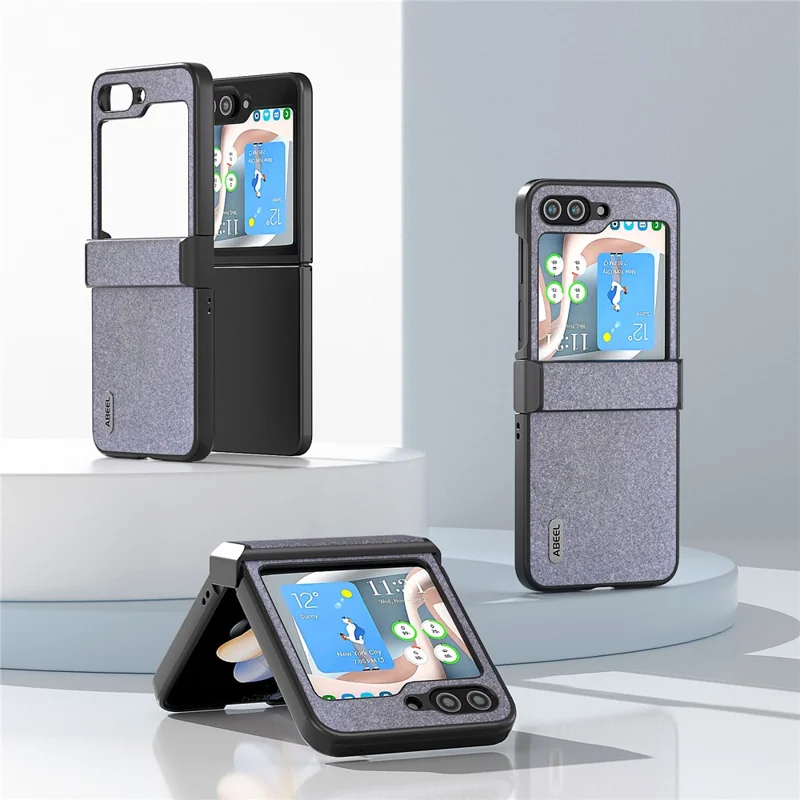ABEEL For Samsung Galaxy Z Flip5 5G PU Leather Coated PC Case Hinge Design Glitter Phone Cover - Black