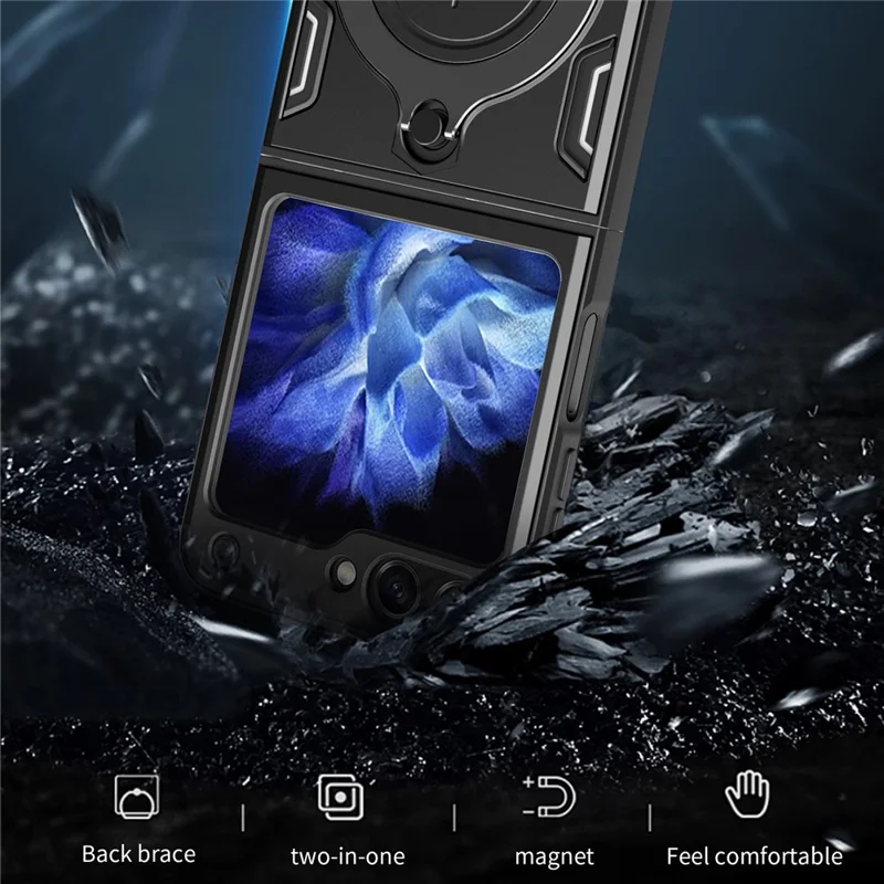For Samsung Galaxy Z Flip5 5G PC+TPU Phone Case Rotating Kickstand Protective Cover - Black