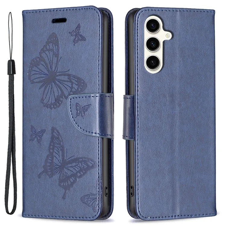 For Samsung Galaxy S23 FE Phone Flip Stand Wallet Case Butterfly Imprinted Leather Cover with Strap - Dark Blue