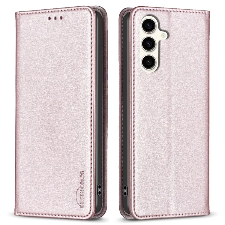 BINFEN COLOR BF18 For Samsung Galaxy S23 FE Auto-absorbed Magnetic Leather Cover Card Holder Phone Case - Rose Gold