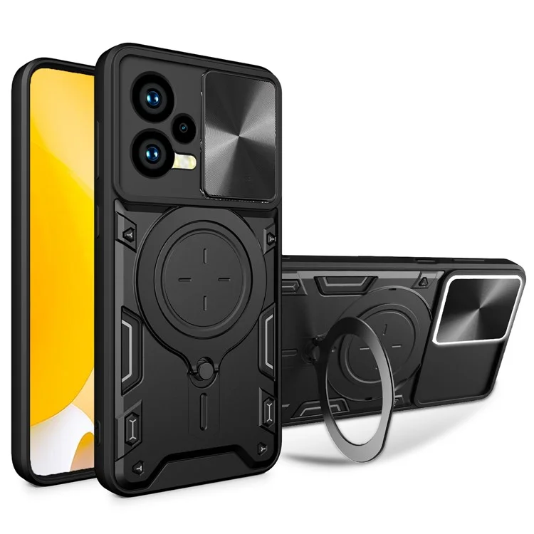 Pour Xiaomi Redmi Note 12 5G (Inde) / (Global) / Poco X5 5G Couvercle Coulissant de Caméra Housse de Téléphone PC+TPU avec Support - Noir
