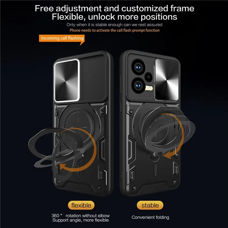 Pour Xiaomi Redmi Note 12 5G (Inde) / (Global) / Poco X5 5G Couvercle Coulissant de Caméra Housse de Téléphone PC+TPU avec Support - Noir