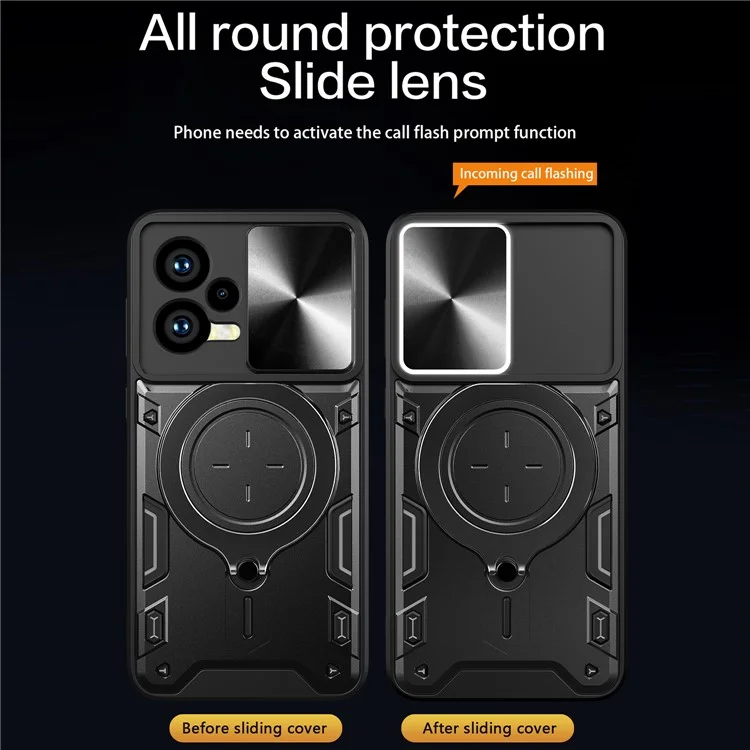 Pour Xiaomi Redmi Note 12 5G (Inde) / (Global) / Poco X5 5G Couvercle Coulissant de Caméra Housse de Téléphone PC+TPU avec Support - Noir