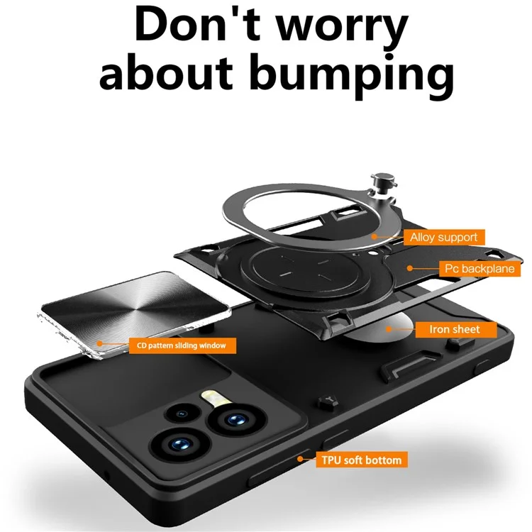 Pour Xiaomi Redmi Note 12 5G (Inde) / (Global) / Poco X5 5G Couvercle Coulissant de Caméra Housse de Téléphone PC+TPU avec Support - Noir