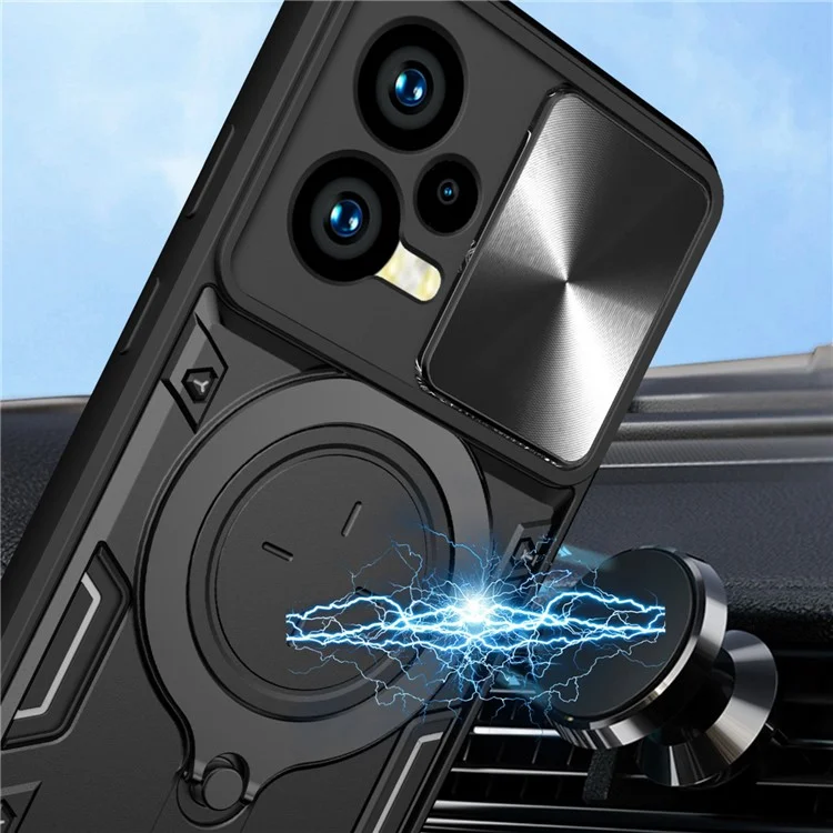 Pour Xiaomi Redmi Note 12 5G (Inde) / (Global) / Poco X5 5G Couvercle Coulissant de Caméra Housse de Téléphone PC+TPU avec Support - Noir