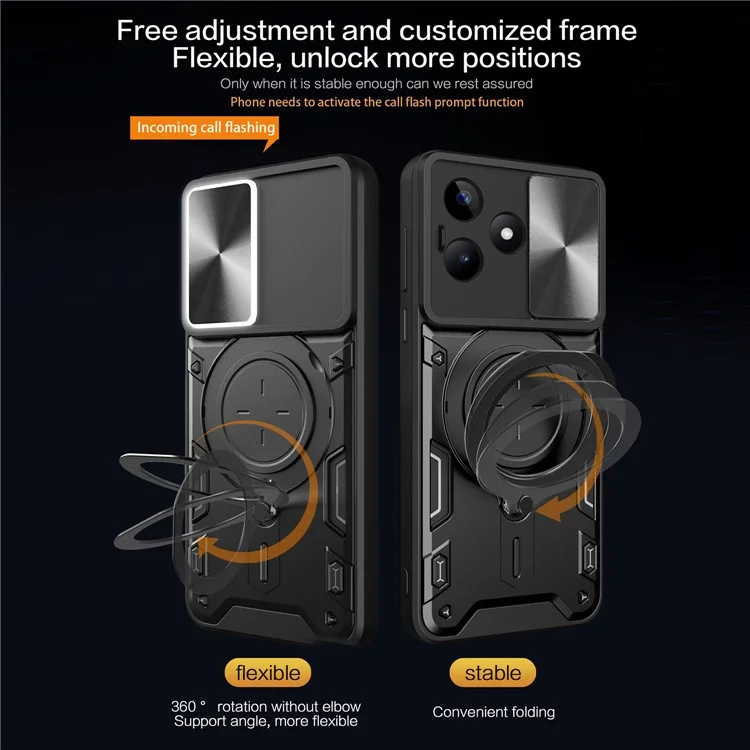 Pour Realme C53 (Global) / C53 (Inde) / C51 Slide Camera Shield Phone Case Rotating Kickstand PC+TPU Back Cover - Noir