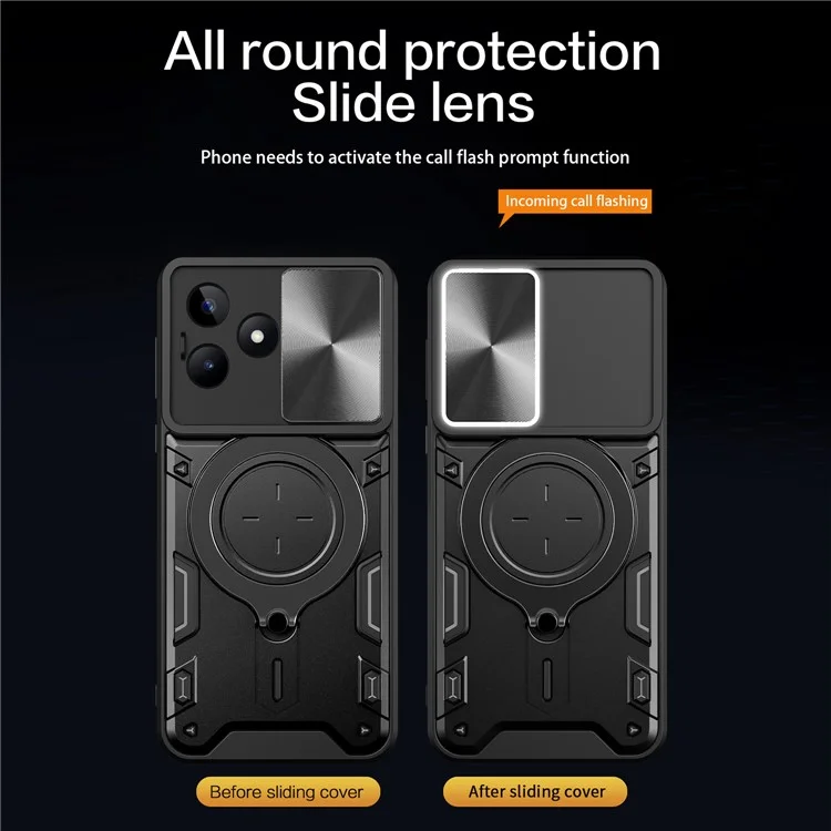 Pour Realme C53 (Global) / C53 (Inde) / C51 Slide Camera Shield Phone Case Rotating Kickstand PC+TPU Back Cover - Noir