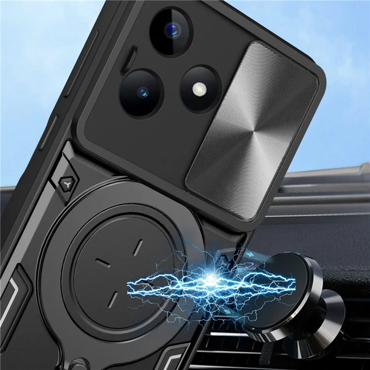 Pour Realme C53 (Global) / C53 (Inde) / C51 Slide Camera Shield Phone Case Rotating Kickstand PC+TPU Back Cover - Noir