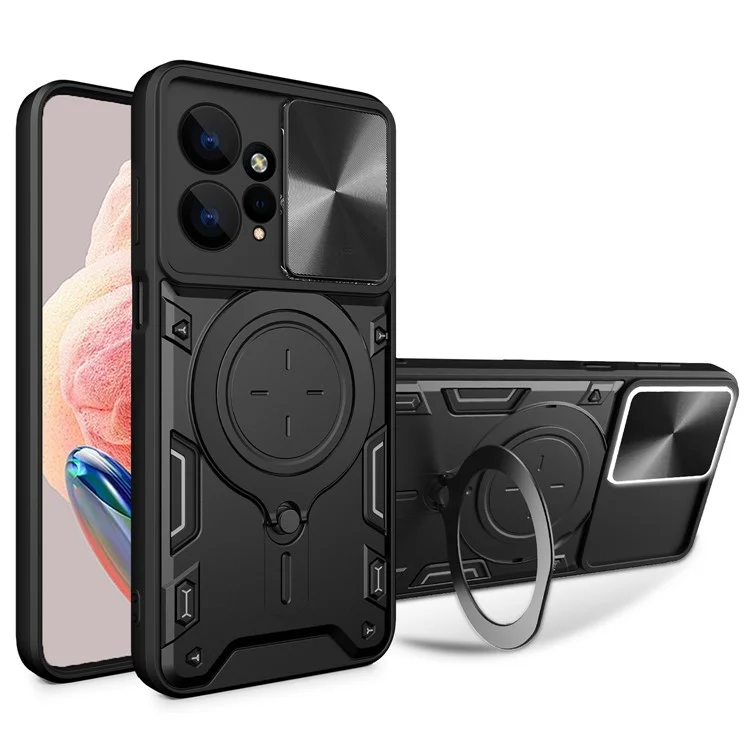 Para Xiaomi Redmi Note 12 4G Slide Camera Guard Phone Case PC+TPU Cover with Rotating Kickstand - Preto