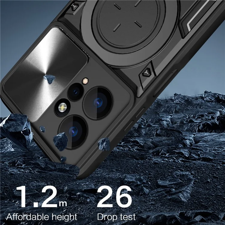 Para Xiaomi Redmi Note 12 4G Slide Camera Guard Phone Case PC+TPU Cover with Rotating Kickstand - Preto