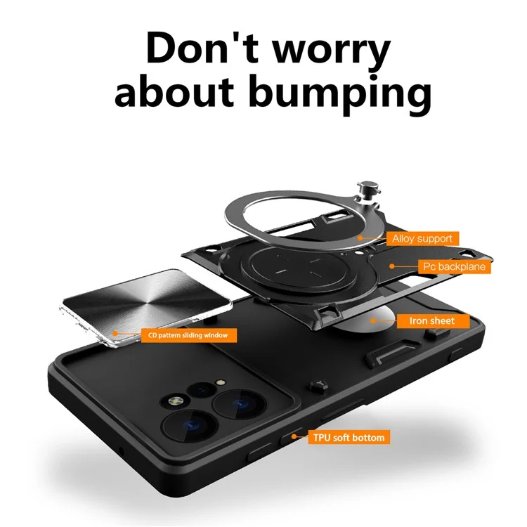 Para Xiaomi Redmi Note 12 4G Slide Camera Guard Phone Case PC+TPU Cover with Rotating Kickstand - Preto