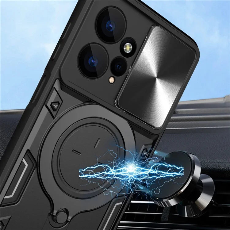 Para Xiaomi Redmi Note 12 4G Slide Camera Guard Phone Case PC+TPU Cover with Rotating Kickstand - Preto