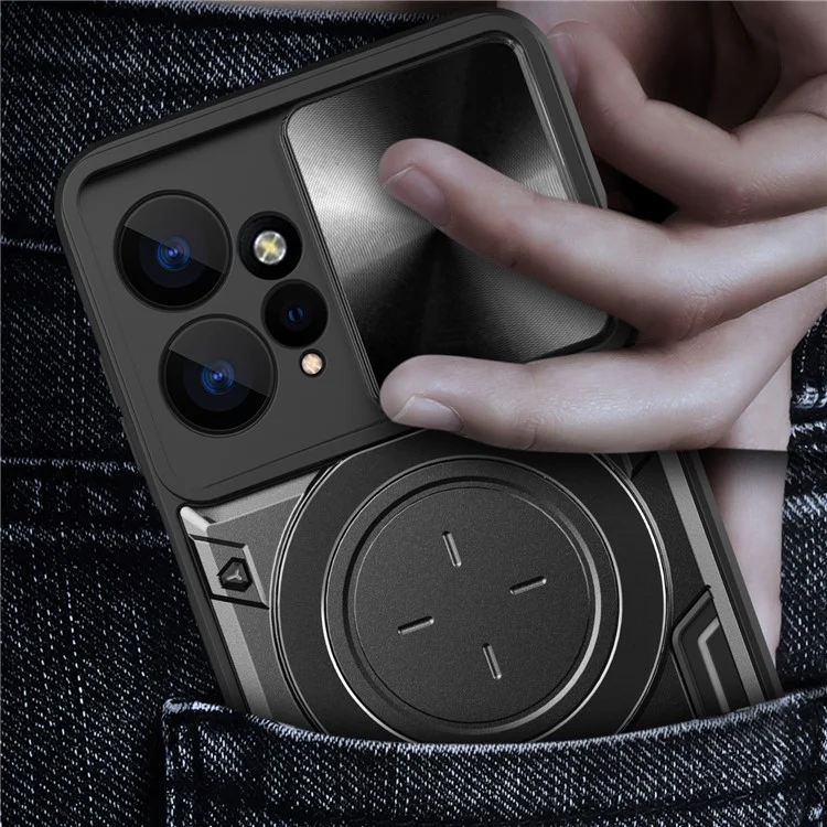 Para Xiaomi Redmi Note 12 4G Slide Camera Guard Phone Case PC+TPU Cover with Rotating Kickstand - Preto