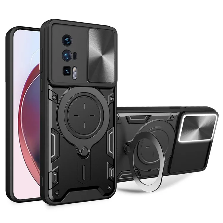 Étui à béquille pour Xiaomi Poco F5 Pro 5G / Redmi K60 5G / K60 Pro 5G Coque en PC+TPU avec couvercle coulissant pour caméra - Noir