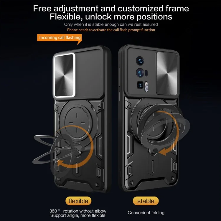 Étui à béquille pour Xiaomi Poco F5 Pro 5G / Redmi K60 5G / K60 Pro 5G Coque en PC+TPU avec couvercle coulissant pour caméra - Noir